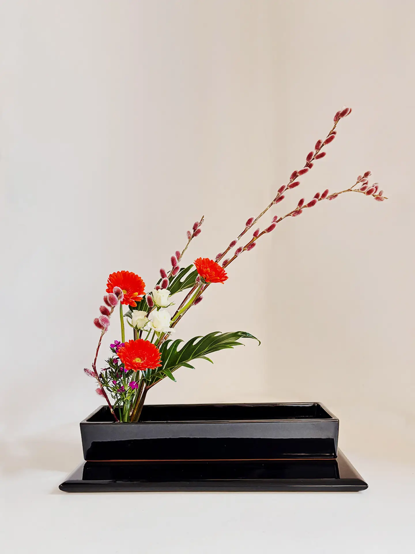 Spring ikebana arrangement featuring red gerbera daisies, pussy willow branches, and white blossoms in a glossy black rectangular vase, created by suminumi in Berlin.
