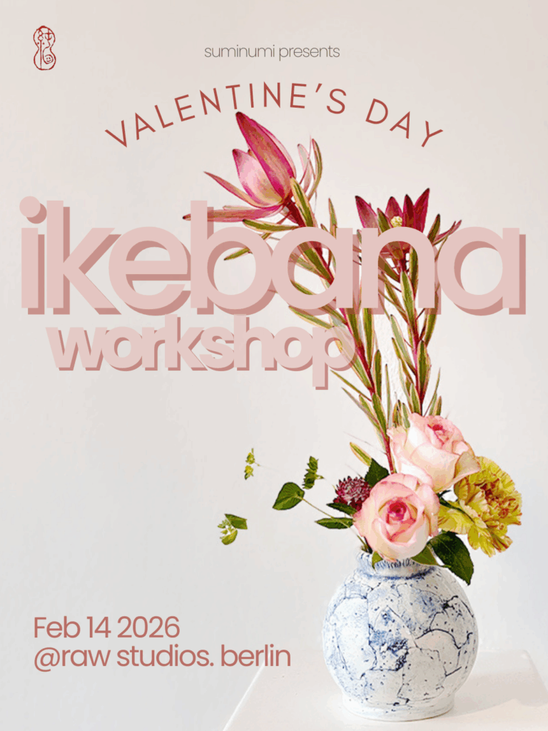 Valentine’s Day Ikebana workshop poster featuring a seasonal flower arrangement in a ceramic vase