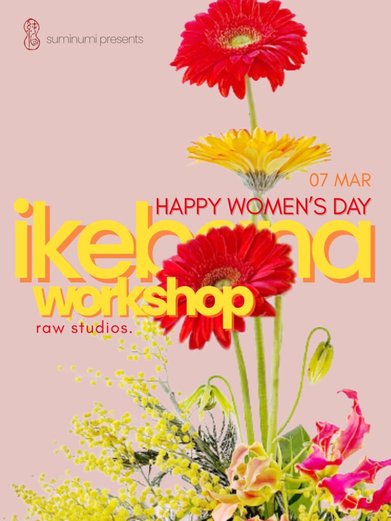 International Women’s Day Ikebana Workshop Berlin — March 7 at raw studios., pink poster with red and yellow gerbera flowers and bold “ikebana workshop” typography.
